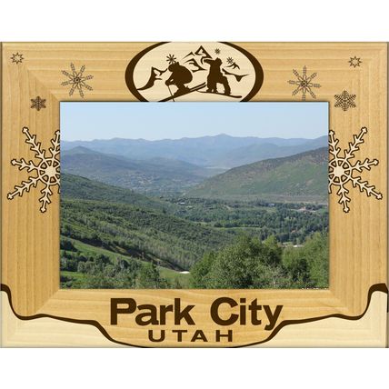 Park City Utah with Skier Laser Engraved Wood Picture Frame Landscape (4 x 6)