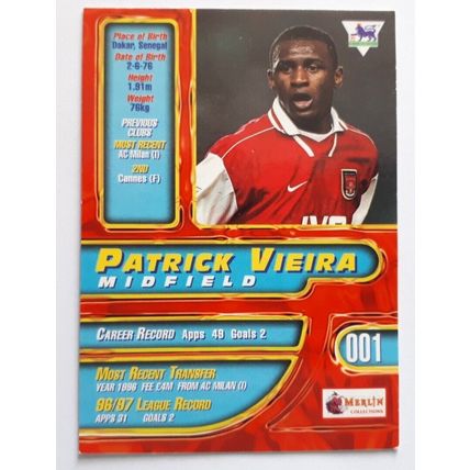 PATRICK VIEIRA 1998 Merlin Premier Gold Arsenal Soccer Card #1