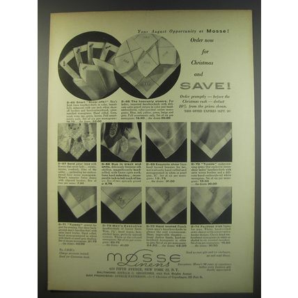 1956 Mosse Linens Ad - Your august opportunity at Mosse!