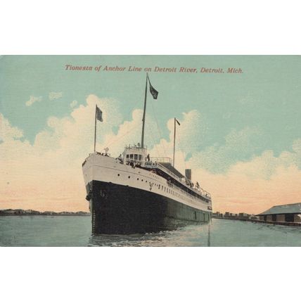 ZAYIX Postcard Great Lakes Steamship SS Tionest of Anchor on Detroit River, 1912