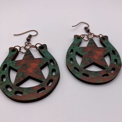 EARRINGS Rustic Horseshoe Lucky Star Wooden #705