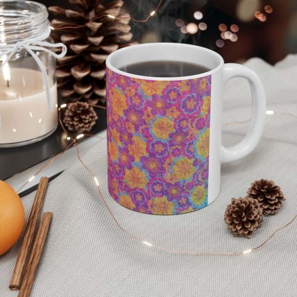 Pink Floral Flowers in Pink & Purple Pattern Ceramic Mug 11oz Design Wrap-a-roun