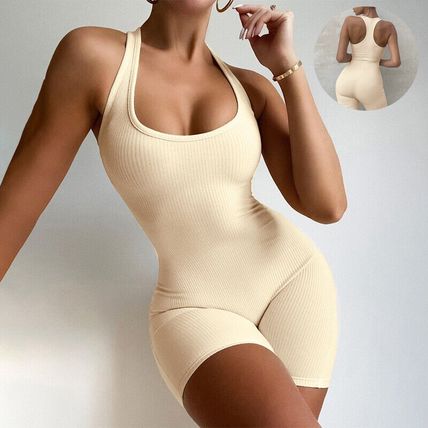 Sleeveless Backless Jumpsuit Colid Color Fitness Sports Yoga Leggings Shorts Bod