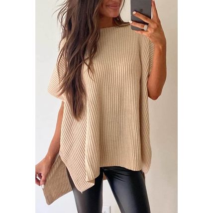 Apricot Short Sleeve Side Slit Oversized Sweater