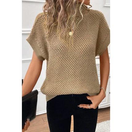 Pale Khaki Turtleneck Textured Short Sleeve Sweater
