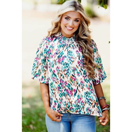 Light Blue Abstract Print Puff Sleeve Mock Neck Blouse