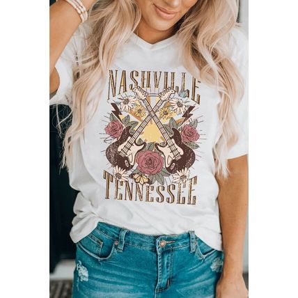 White Nashville Tennessee Guitar Rose Graphic Crewneck Tee