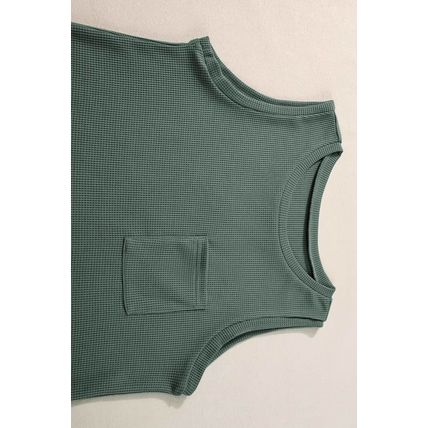 Mist Green Waffle Knit Patched Pocket Tank and Drawstring Shorts Set