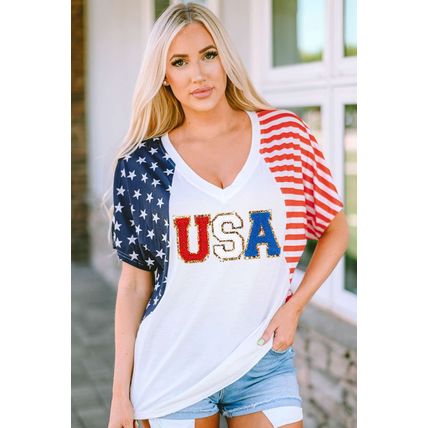 White Chenille USA Stars and Stripes Printed V Neck T Shirt