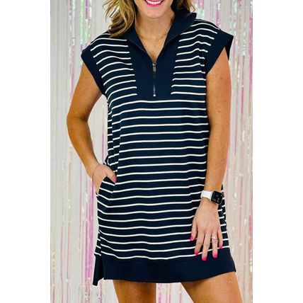 Navy Blue Quarter Zip Collared Cap Sleeve Mini Dress