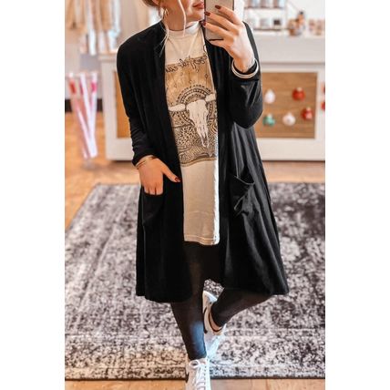 Black Solid Color Open Front Cardigan with Pocket