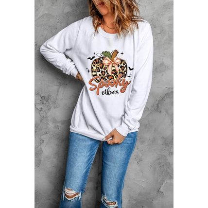Beige Spooky Leopard Pumpkin Print Crew Neck Sweatshirt