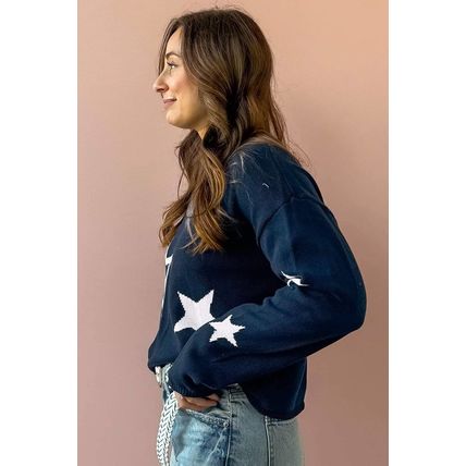 Sail Blue Star Pattern Drop Shoulder Knitted Sweater