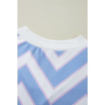Sky Blue Zigzag Striped Print V Neck Oversized Top