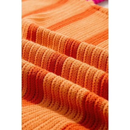 Orange Stripe Colorblock Crew Neck Drop Shoulder Loose Sweater