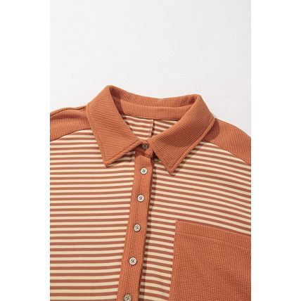 Red Stripe Textured Patched Drop Shoulder Buttoned Plus Size Sweatshirt