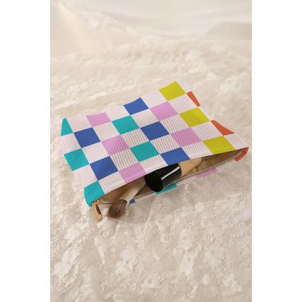 Pink Color Block Checkered Zipper Corduroy Cosmetic Bag