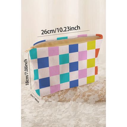 Pink Color Block Checkered Zipper Corduroy Cosmetic Bag
