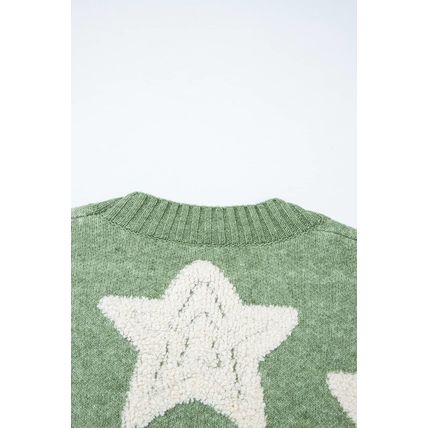 Green Sherpa Star Pattern Textured Sweater Cardigan with Pockets