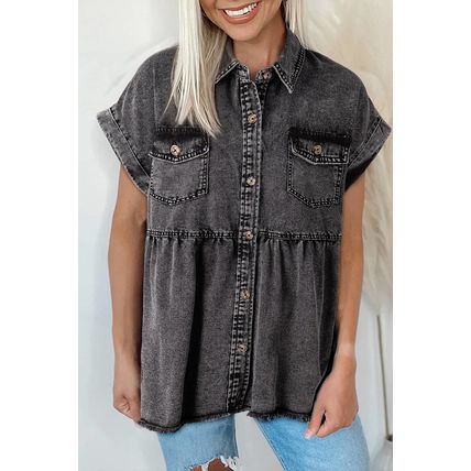 Black Short Sleeve Flap Pocket Button Up Raw Hem Denim Shirt
