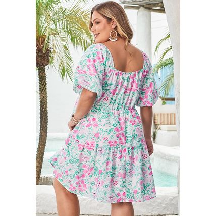 White Floral Print Ric-rac Trim Square Neck Plus Size Mini Dress