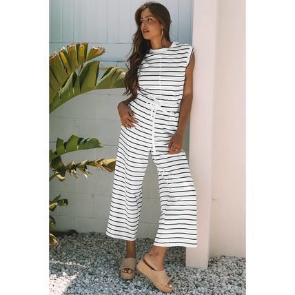 Black Stripe Casual Wide Leg 2pcs Pants Set
