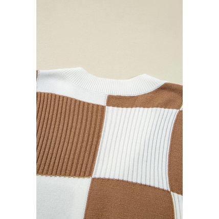 Khaki Checkered Pattern Ribbed Detail Button V Neck Sweater Cardigan