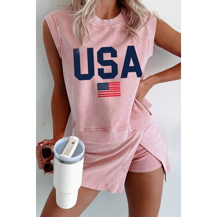 Light Pink USA Flag Graphic Tank Top and Skort Short Set