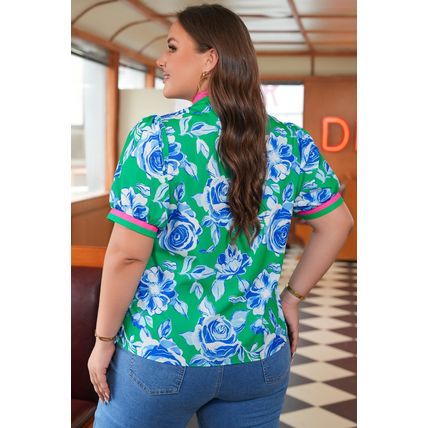 Green Floral Print Short Puff Sleeve Plus Size Top