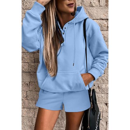 Light Blue Button Drawstring Hooded Pullover and Casual Short Set