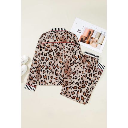 Khaki Leopard Print Colorblock Striped Edge Shirt and Pants Pajama Set