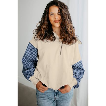 Parchment Checkered Patchwork Kangaroo Pocket Half Zipper Hoodie