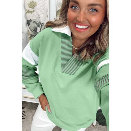 Moonlight Jade Color Block Striped Patchwork Collar V Neck Plus Size Sweatshirt