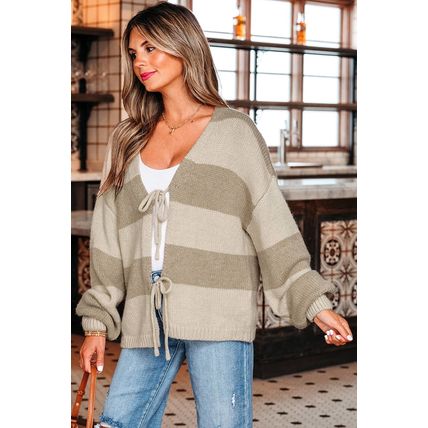 Khaki Striped Color Block Brushed Knit Bow Tie Front Sweater Cardigan