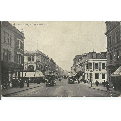 NICELY ANIMATED PRINTED POSTCARD of PUTNEY HIGH STREET LONDON (627)