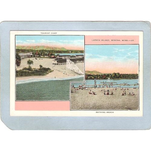 MN Winona Postcard Latsch Island Tourist Camp & Bathing Beach 2 View state~163
