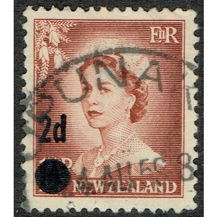New Zealand 1958 Surcharge 2d on 1 ½d Brown Lake SG763 FU