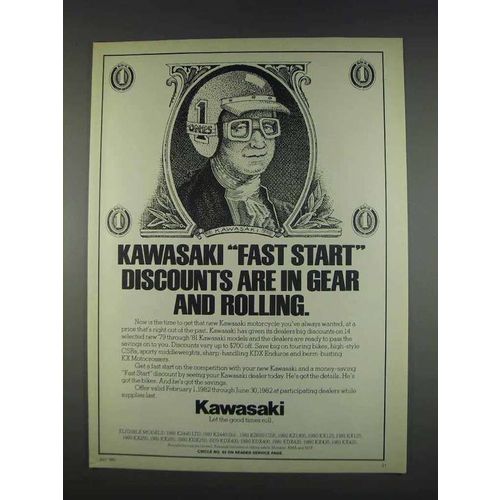 1982 Kawasaki Motorcycles Ad - Fast Start Discounts