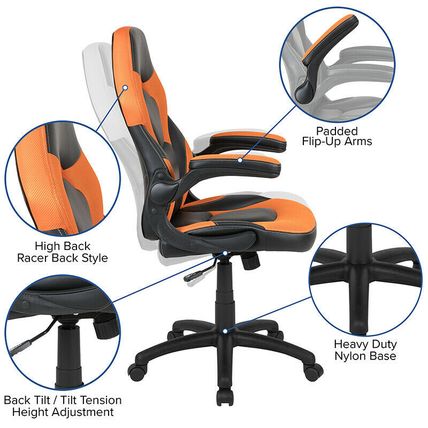 Red Gaming Desk and Orange/Black Racing Chair Set Cup Holder Headphone Hook