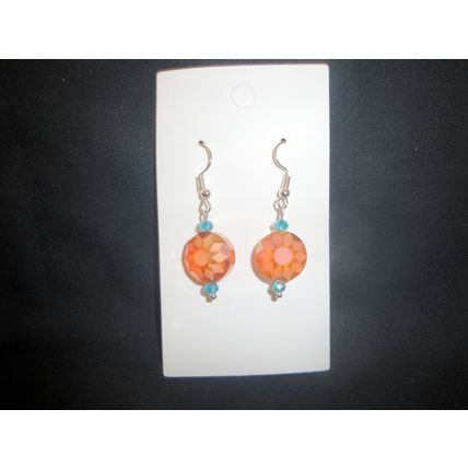Beautiful orange round cut crystal & baby blue accent glass earrings