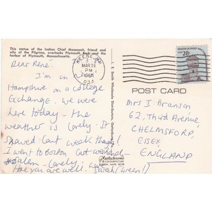 Chief Massasoit Statue Plymouth Rock United States Postcard posted 1981 VGC