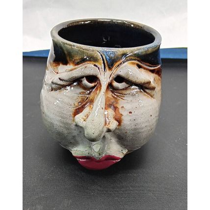 Rare Vintage Unique Signed & Hand Crafted Stoneware Pottery Face Mug Cup Coffee