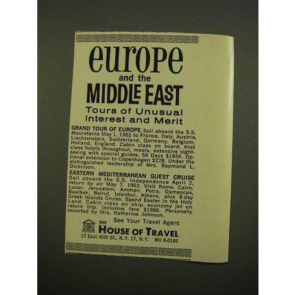 1961 The House of Travel Advertisement - Europe and the Middle East