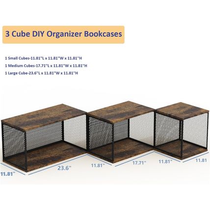 3-Cube Bookcase with 3 Sizes, Wood & Metal 3 Tier Bookshelf for Small Space, Mod