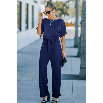 Blue Belted Wide Leg Jumpsuit