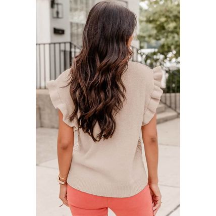 Oatmeal Plus Cable Knit Short Ruffled Sleeve Mock Neck Sweater