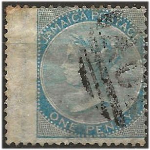 Jamaica 1860 SG1a 1d Pale Greenish-Blue Wmk Pineapple Fine Used Wing Margin . ..