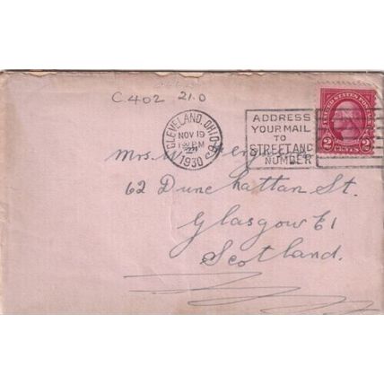 United States 1930 Cleveland OHIO-Glasgow UK Cover Cleveland cancel written VGC