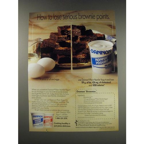 1991 Dannon Plain Nonfat Yogurt Ad - Brownies Recipe