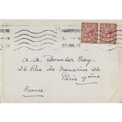 GB 1925 cover to Paris from Harrow